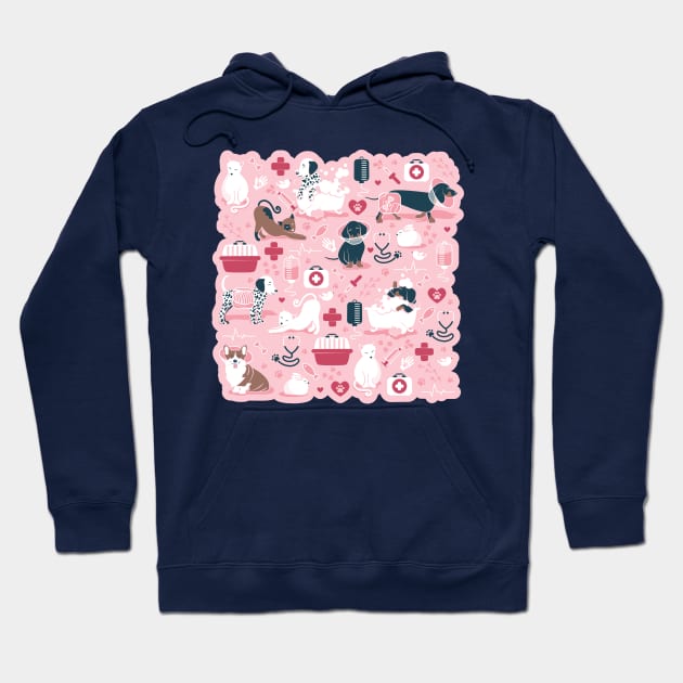 Veterinary medicine, happy and healthy friends // pastel pink background red details navy blue white and brown cats dogs and other animals Hoodie by SelmaCardoso